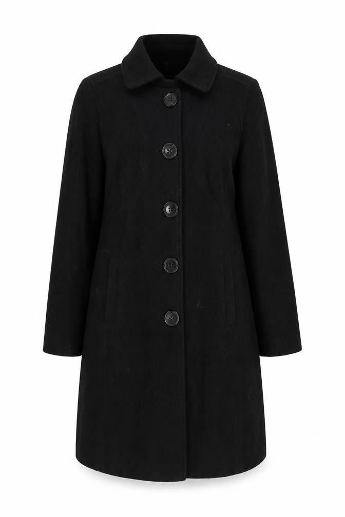 Front view of De La Crème Women's Black Wool Overcoat, size 12