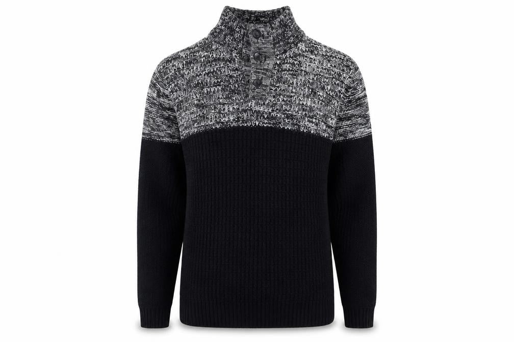 Front view of M&Co Men's Black Henley Waffle Knit Jumper, size M