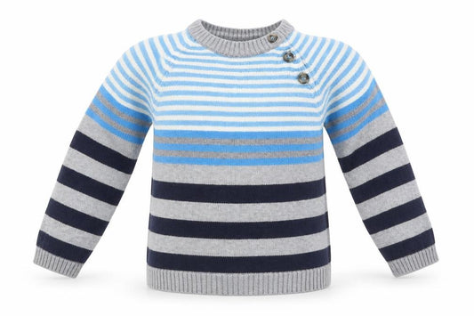 Front view of H&M unisex blue & grey striped cotton jumper 24m