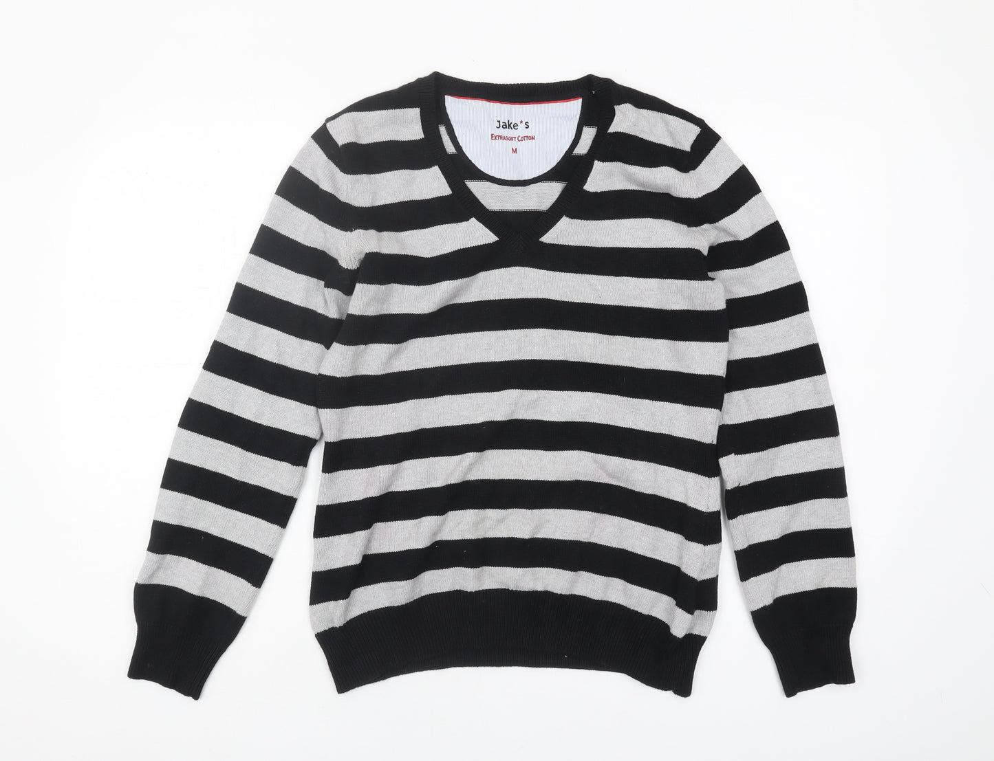 Jake's Men's Black Striped V-Neck Pullover Jumper M