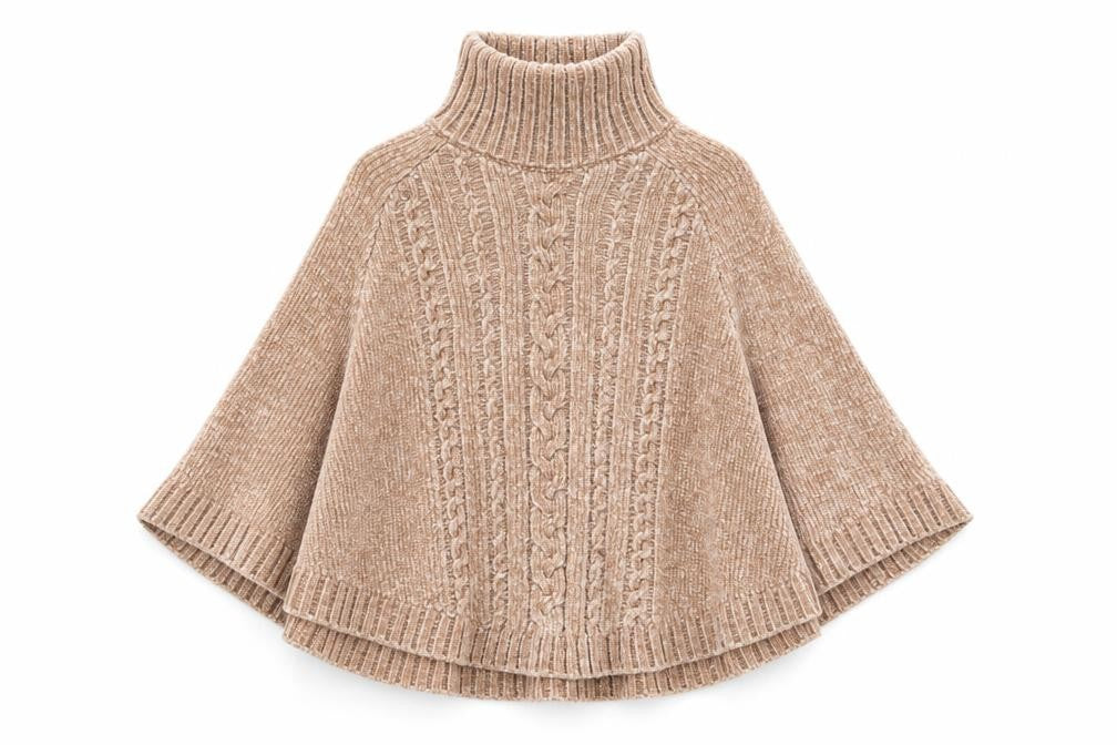 Front view of Next girls’ beige cape jumper, roll neck, size 7-8, years