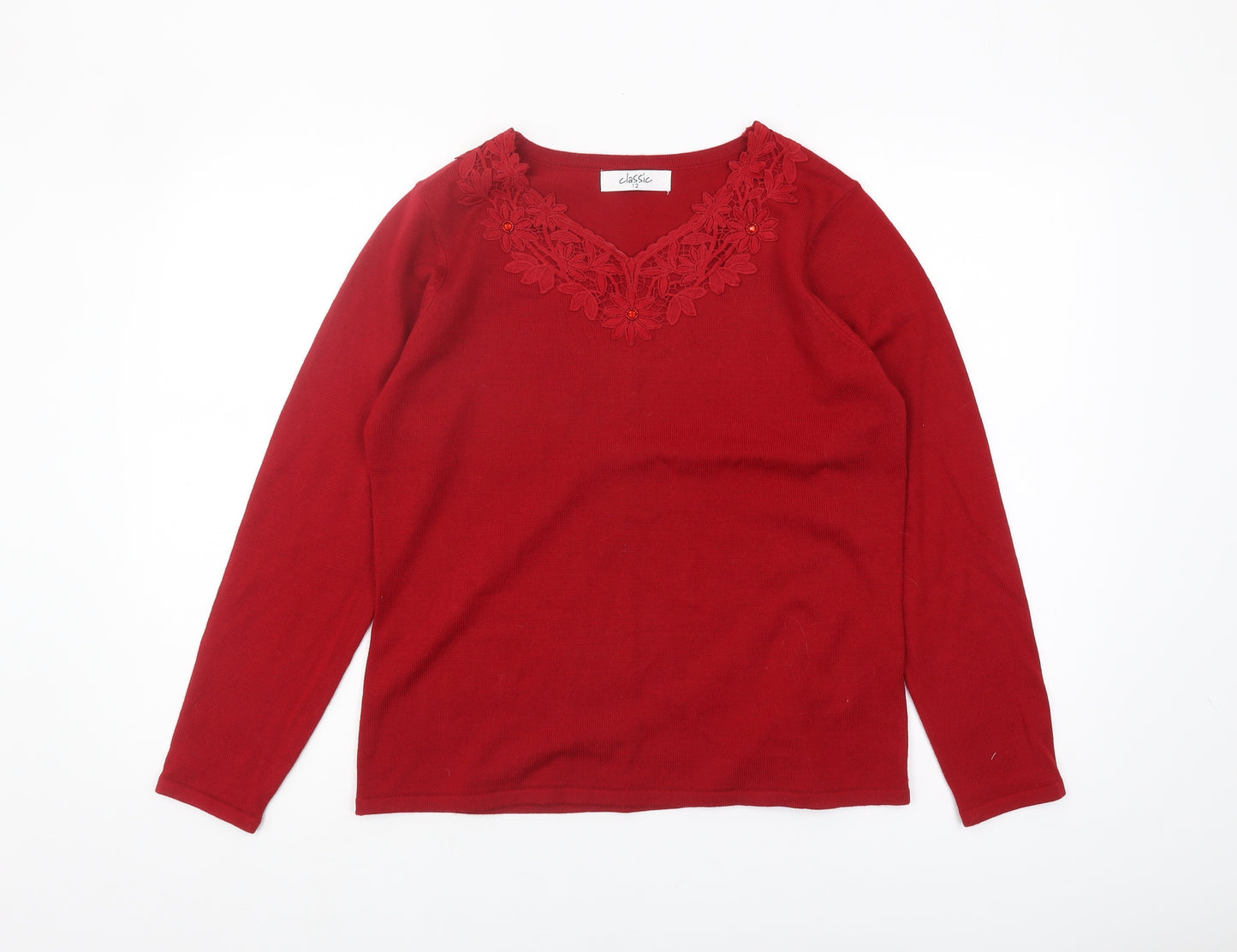 Classic Women's Red V-Neck Pullover Jumper Size 12