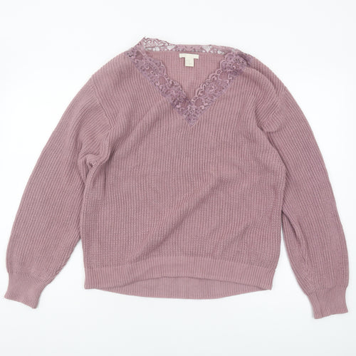 H&M Women's Purple Lace V-Neck Cotton Pullover Jumper XS