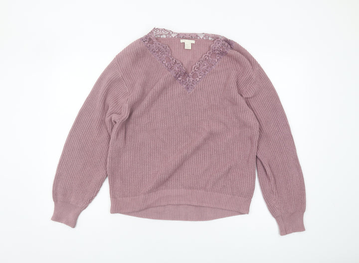 H&M Women's Purple Lace V-Neck Cotton Pullover Jumper XS