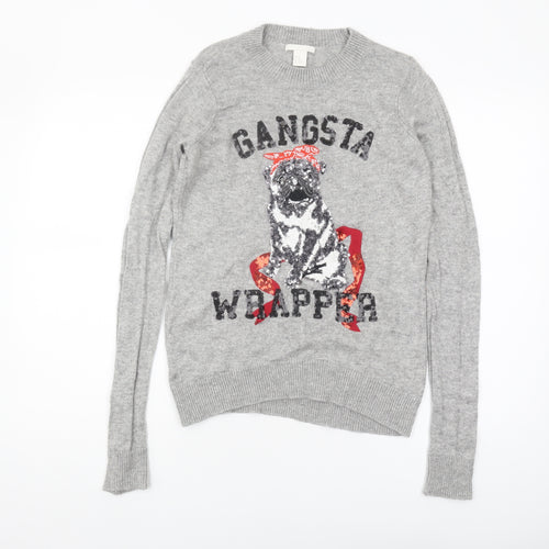 H&M Women's Grey Sequin Dog Christmas Jumper XS