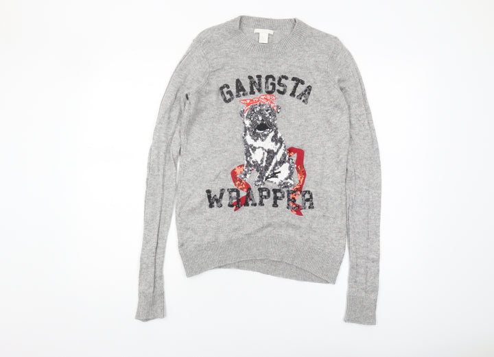 H&M Women's Grey Sequin Dog Christmas Jumper XS