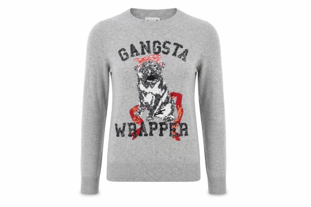 Front view of H&M Women's Grey Sequin Dog Christmas Jumper XS