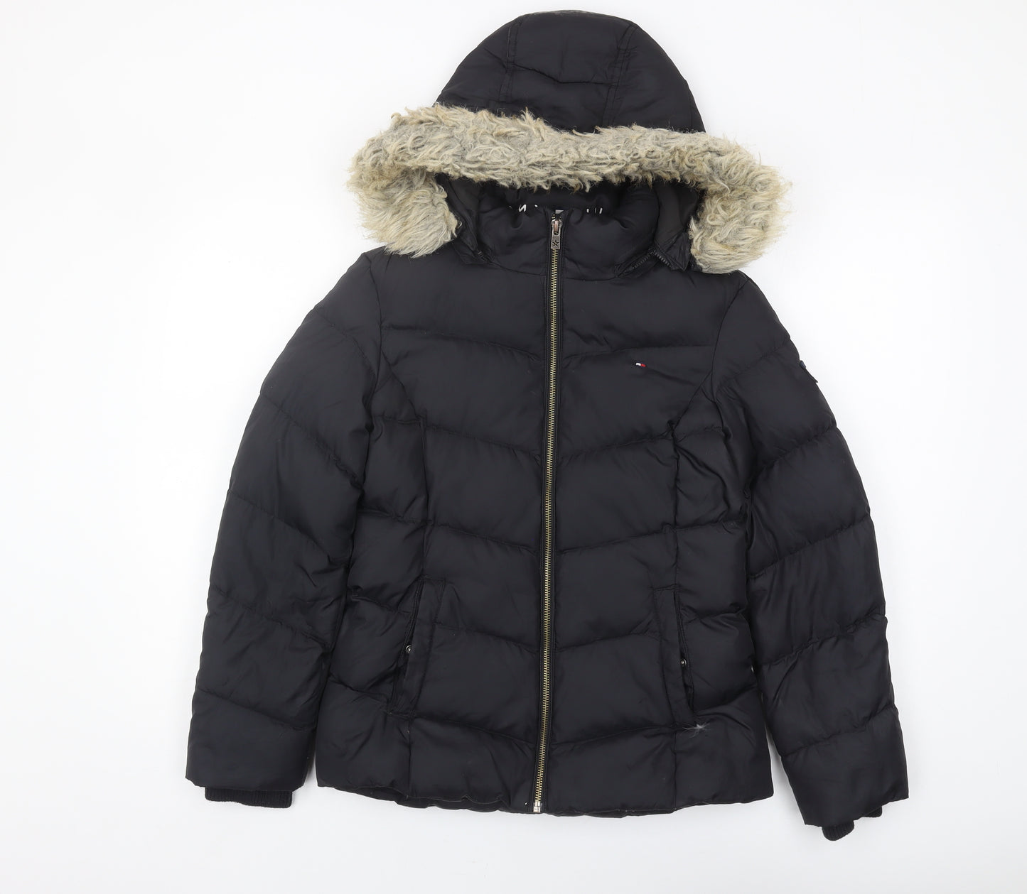 Tommy Hilfiger Girls Black Puffer Jacket 13 Years Hooded Lined