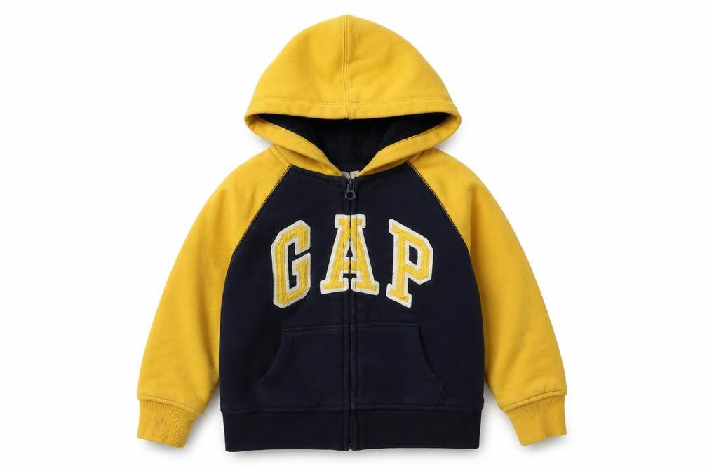 Front view of Gap boys’ yellow & black full zip hoodie 4-5 years