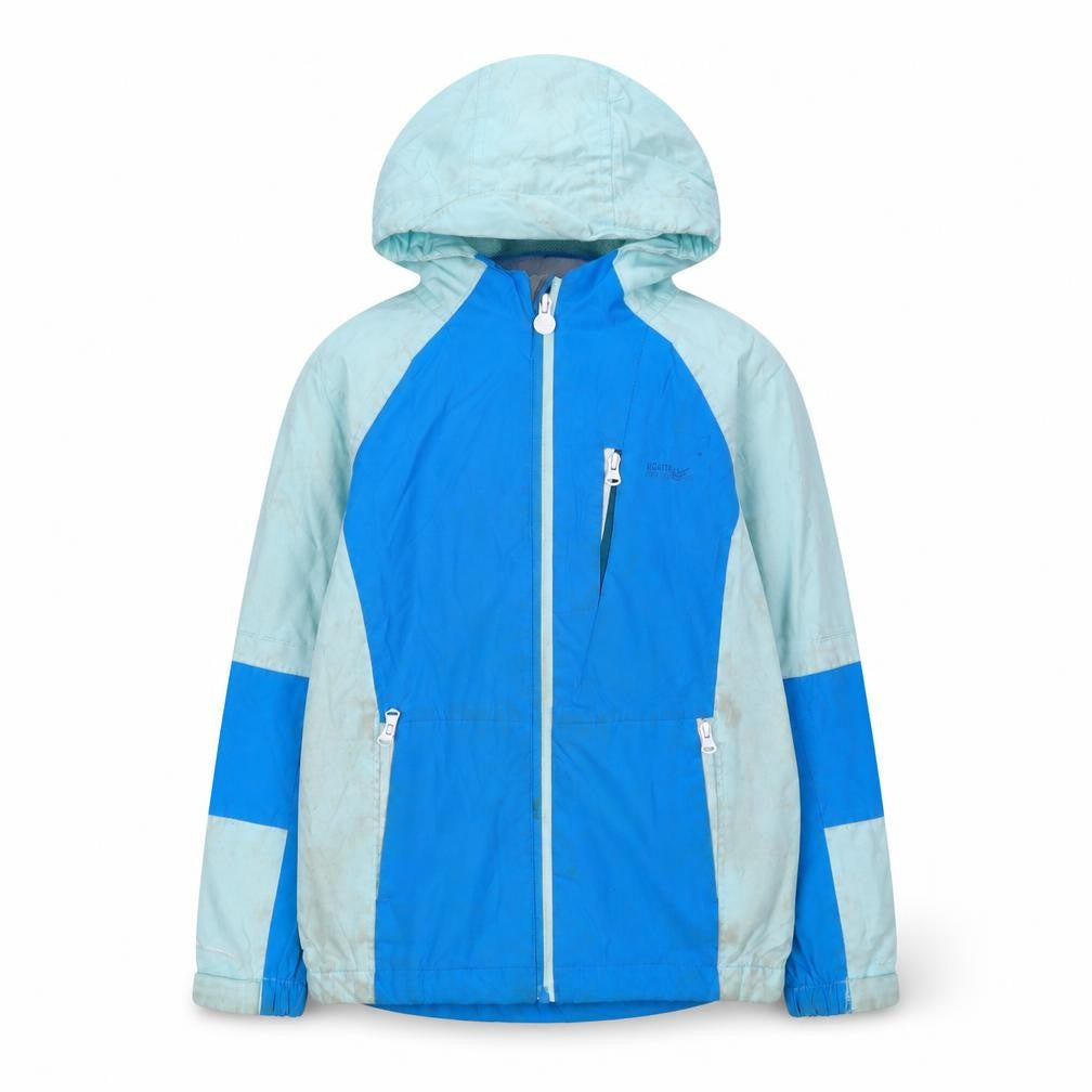 Front view of Regatta boys’ blue waterproof jacket 8 years - hooded outdoor