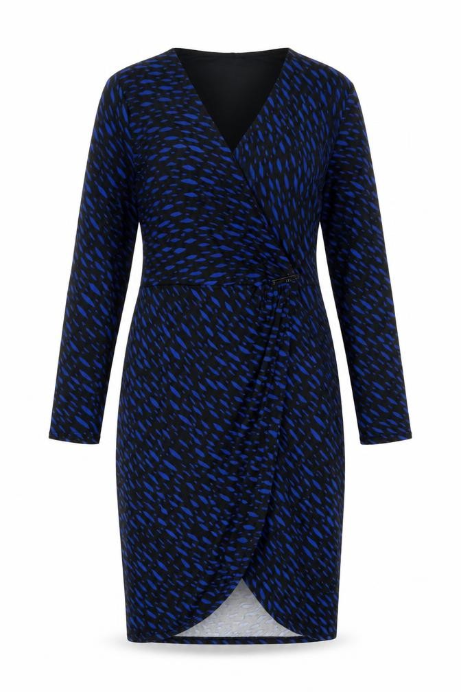 Front view of L.K. Bennett Women's Blue Black Wrap Dress, size 14