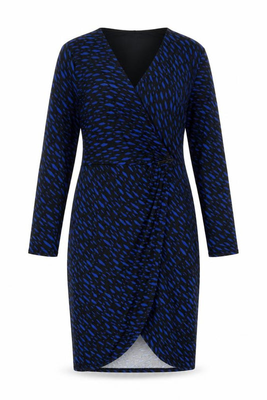 Front view of L.K. Bennett Women's Blue Black Wrap Dress, size 14