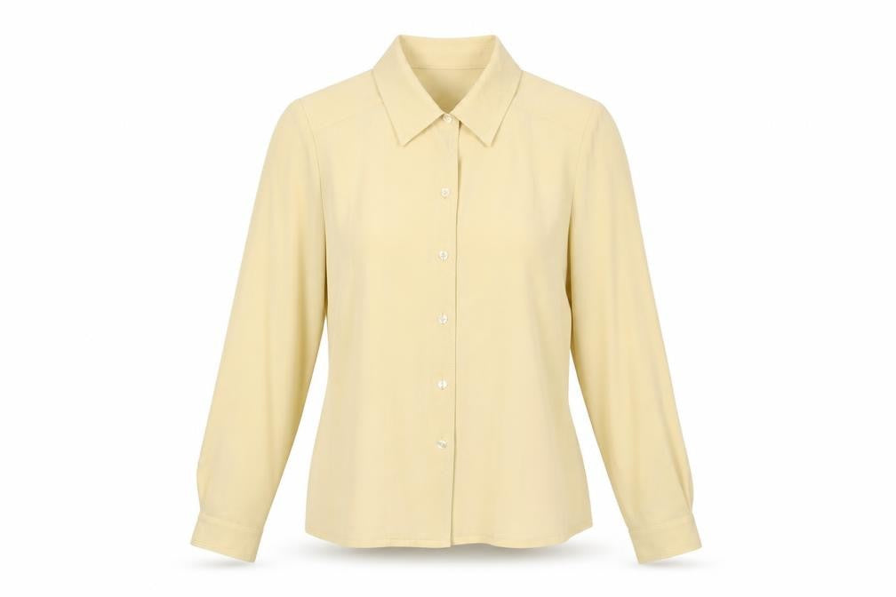 Front view of Eastex Women's Beige Button-Up Blouse, size 10