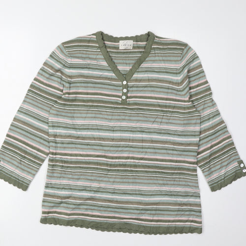 Eastex Women's Green Striped Henley Jumper Size 10