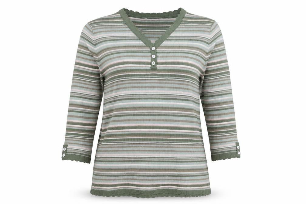 Front view of Eastex Women's Green Striped Henley Jumper, size 10