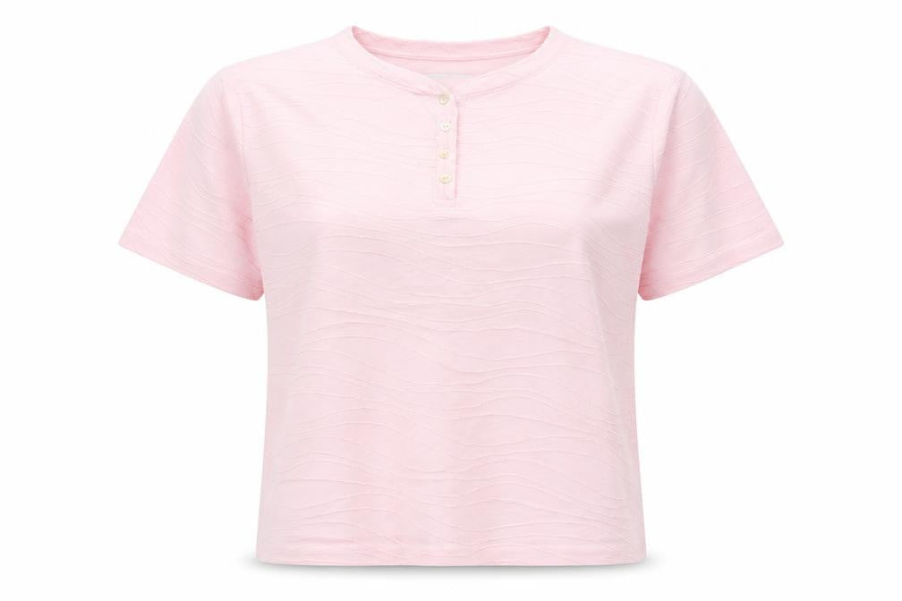Front view of Honor Millburn Women's Pink Henley T-Shirt, size M