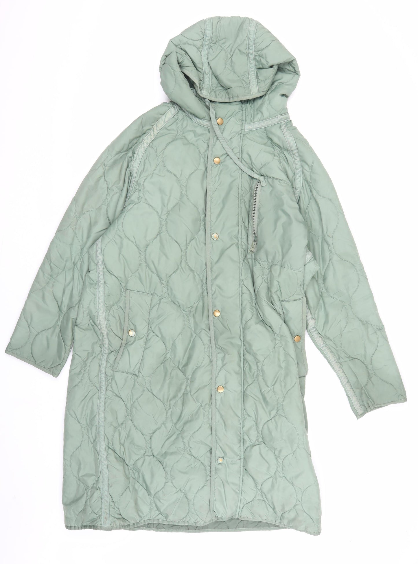Zara Women's Green Quilted Long Hooded Coat Size 12