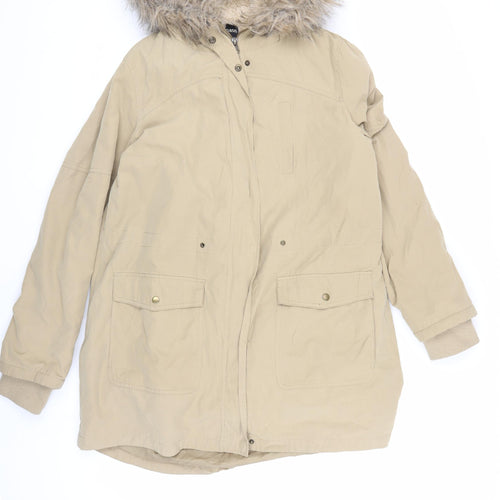 Oasis Women's Beige Parka Coat with Fur Trim Hood L