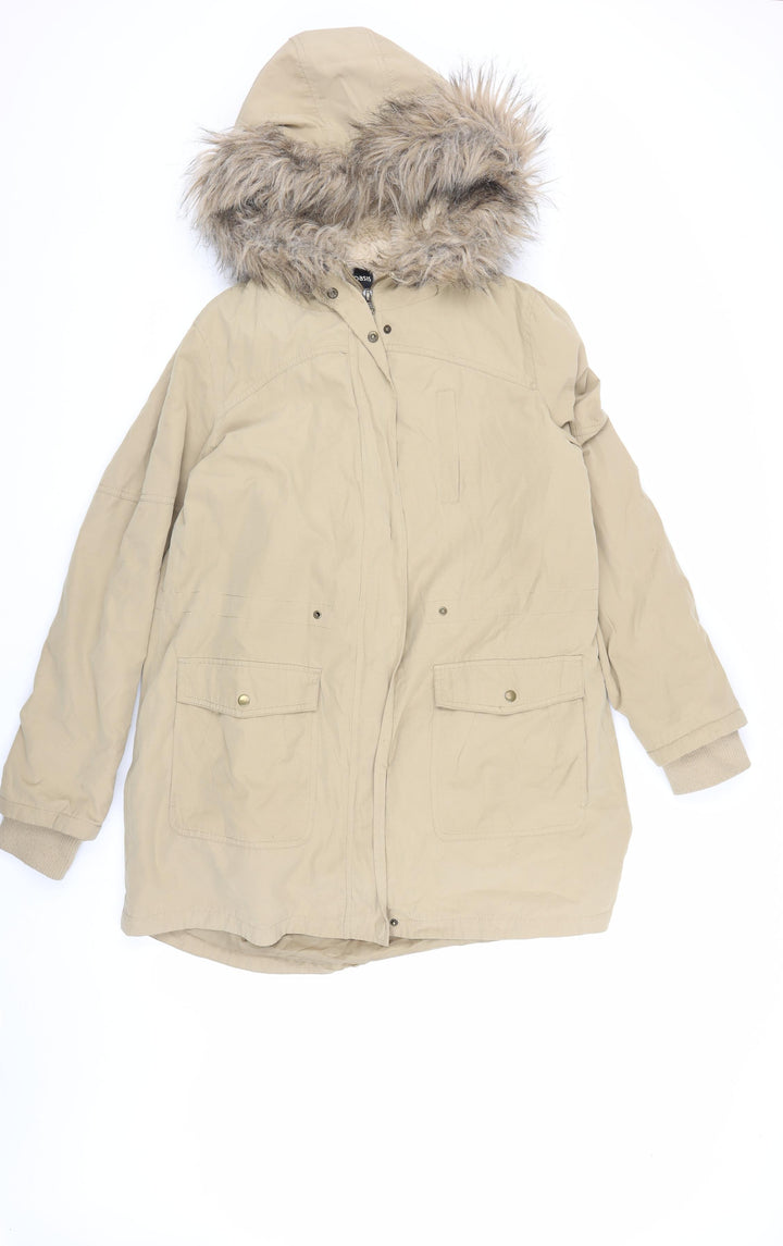 Oasis Women's Beige Parka Coat with Fur Trim Hood L