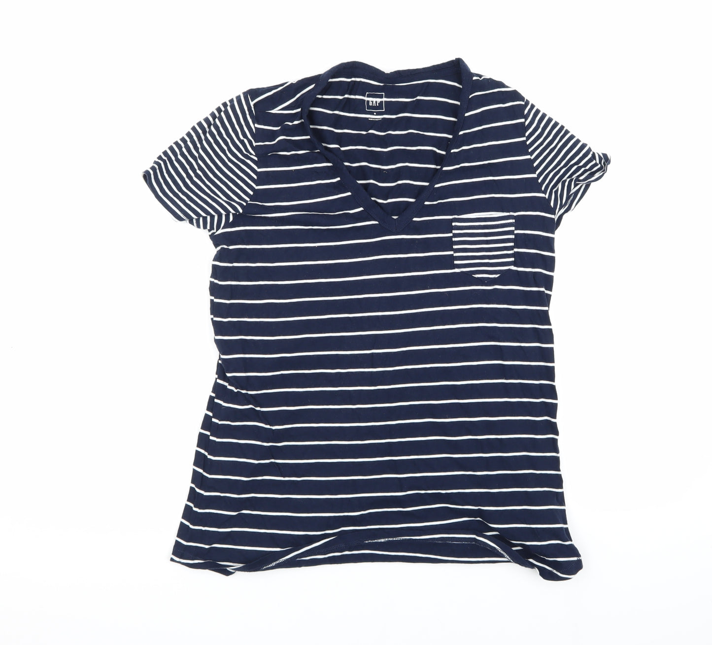 GAP Women's Blue Striped V-Neck T-Shirt - M