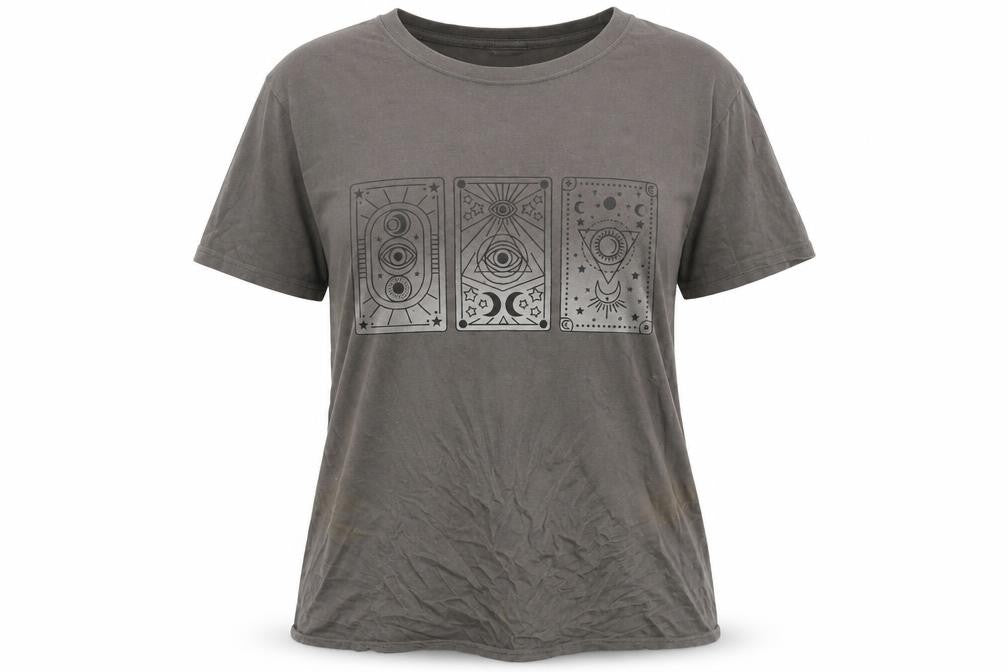 Front view of SPOTTED Women’s Grey Mystical Graphic T-Shirt M