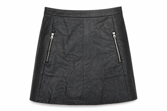 Front view of H&M Women's Black A-Line Skirt, size 8, with Zip Accents