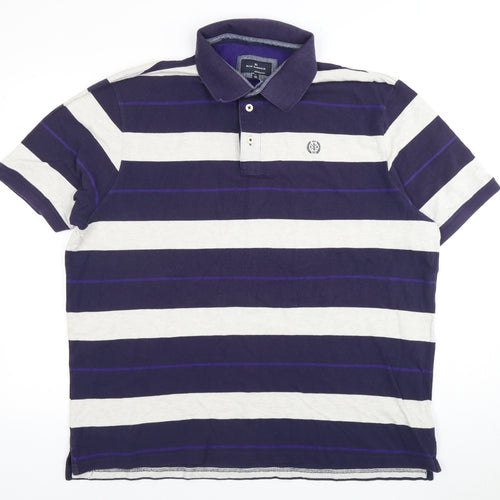 Marks and Spencer Men's Blue Striped Polo - 2XL