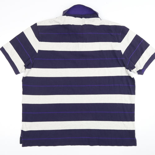 Marks and Spencer Men's Blue Striped Polo - 2XL