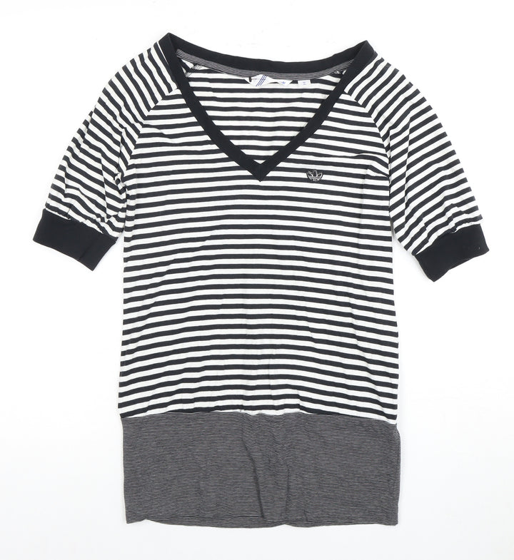 Adidas Women's Black/White Striped V-Neck T-Shirt Size 8