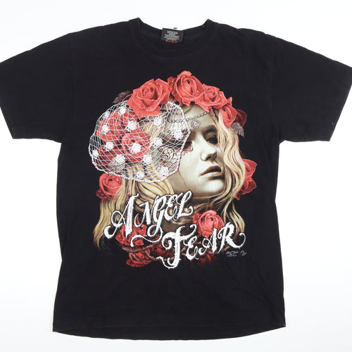 Men’s Black L T-Shirt - Angel Art Graphic Short Sleeve