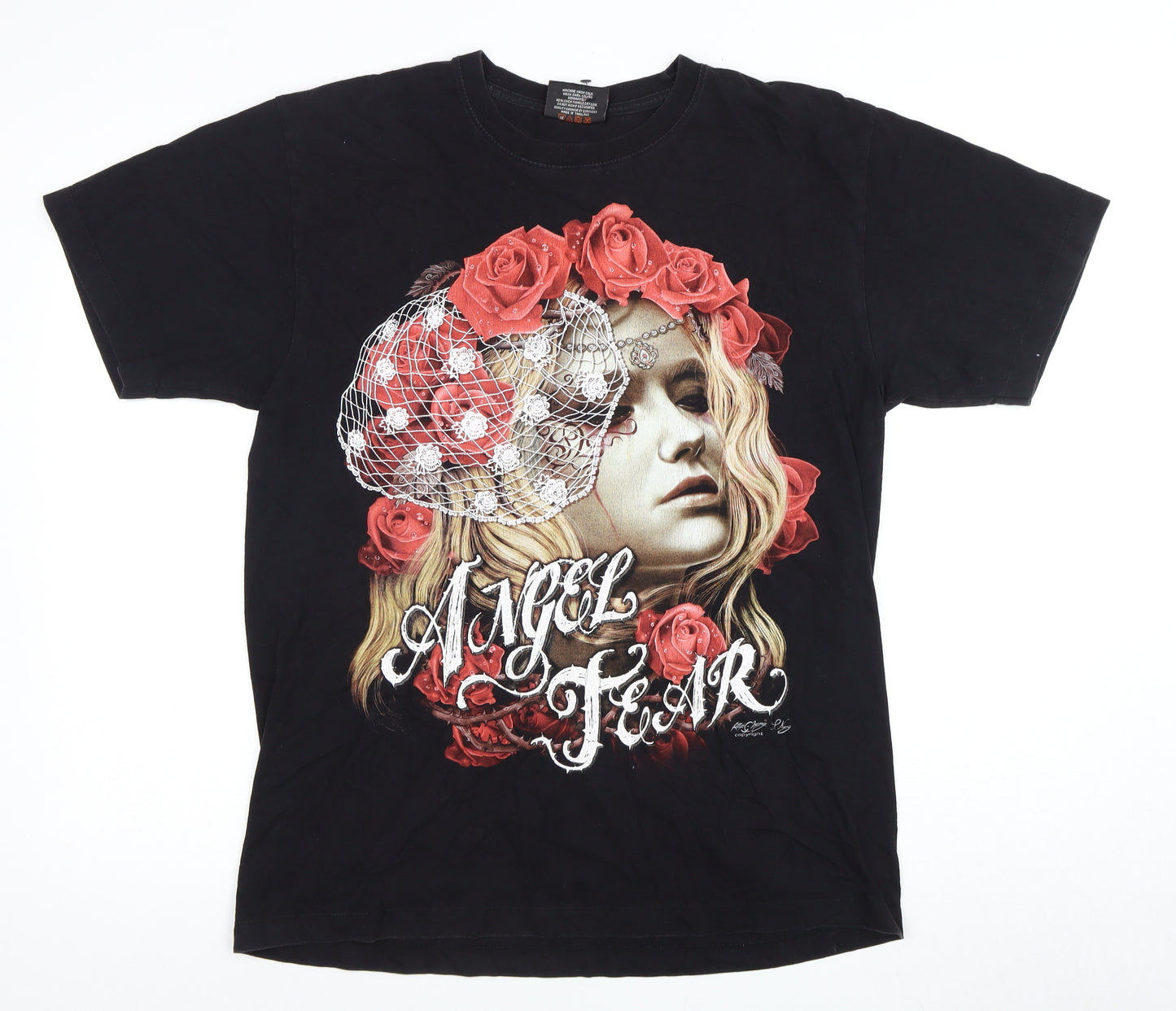 Men’s Black L T-Shirt - Angel Art Graphic Short Sleeve