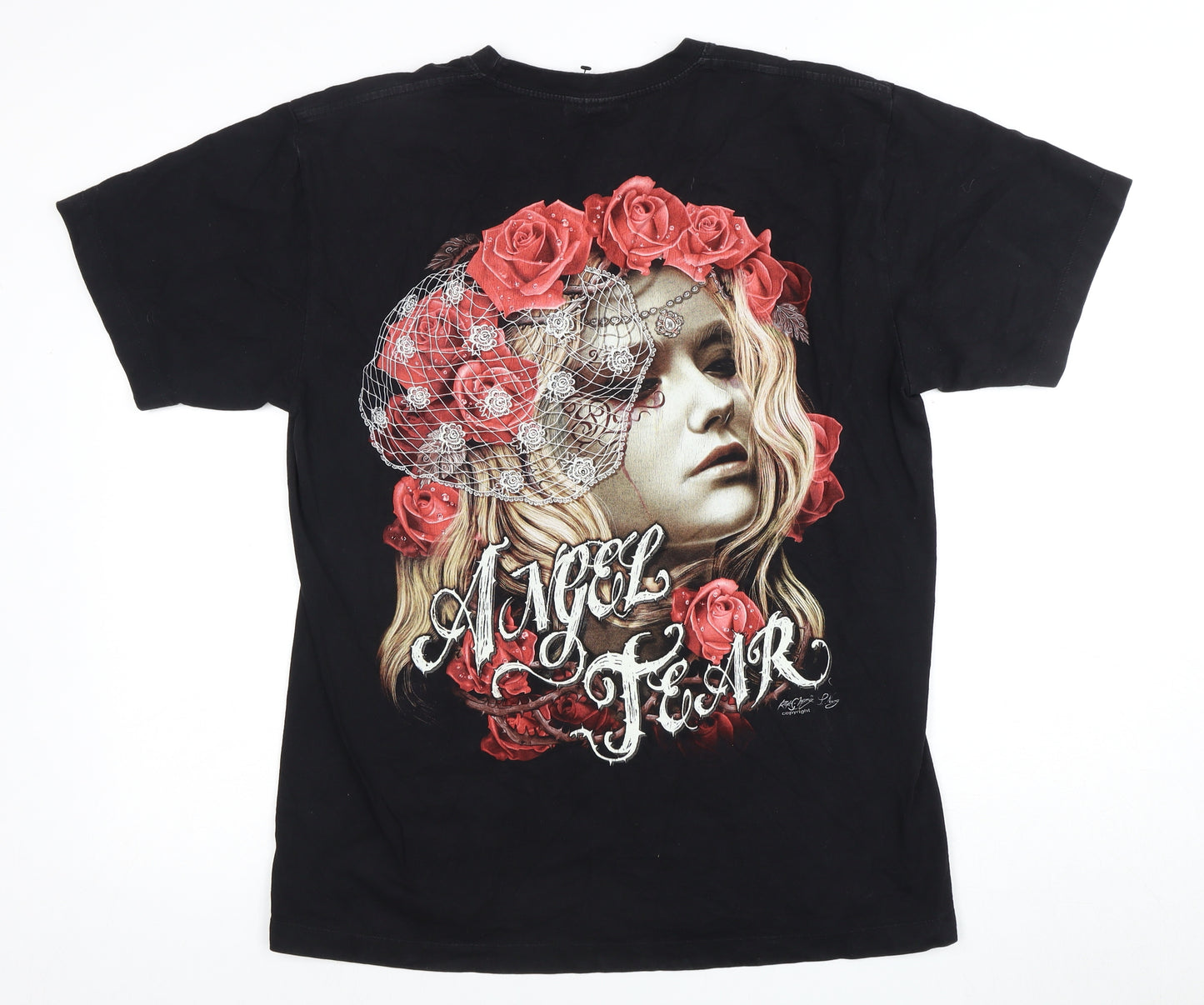 Men’s Black L T-Shirt - Angel Art Graphic Short Sleeve