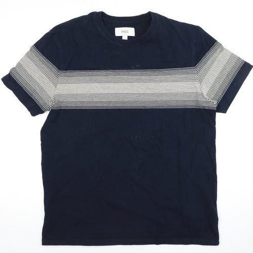Marks and Spencer Men's Blue Striped T-Shirt, Size L