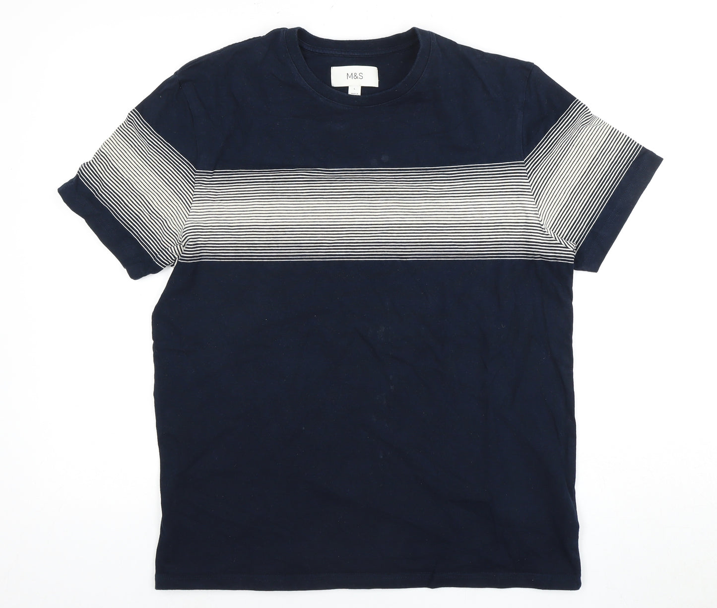 Marks and Spencer Men's Blue Striped T-Shirt, Size L