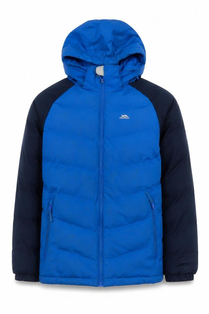Front view of Trespass boys’ blue puffer jacket waterproof 9-10 years