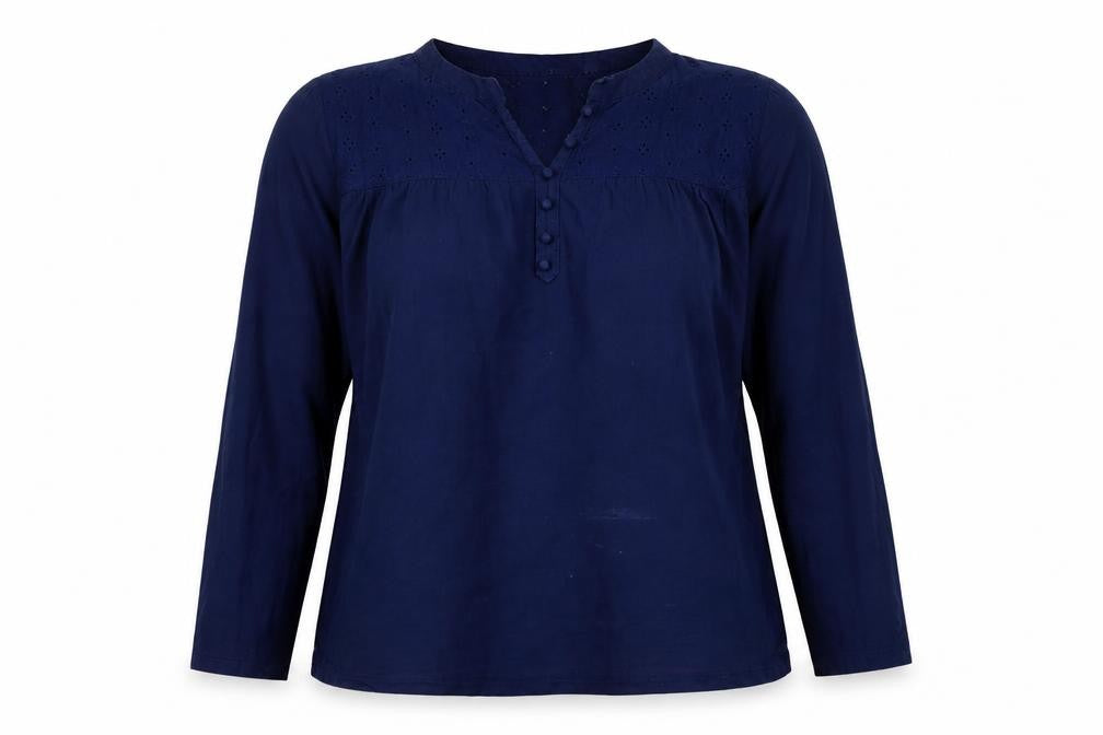 Front view of Isle Women's Blue Long Sleeve Blouse, size L, Casual
