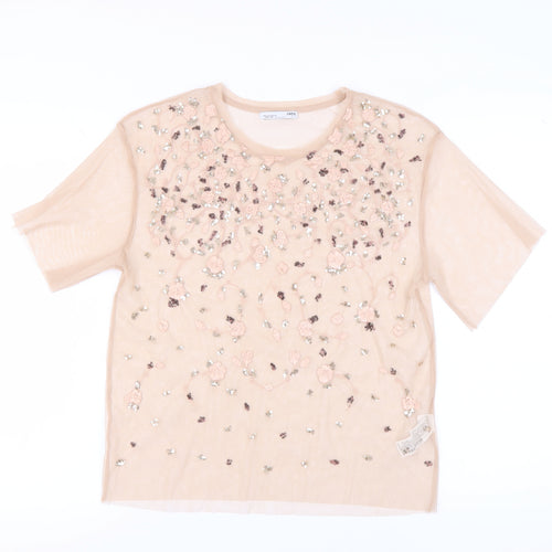 Zara Women's Beige T-Shirt with Floral Embroidery, Size 8