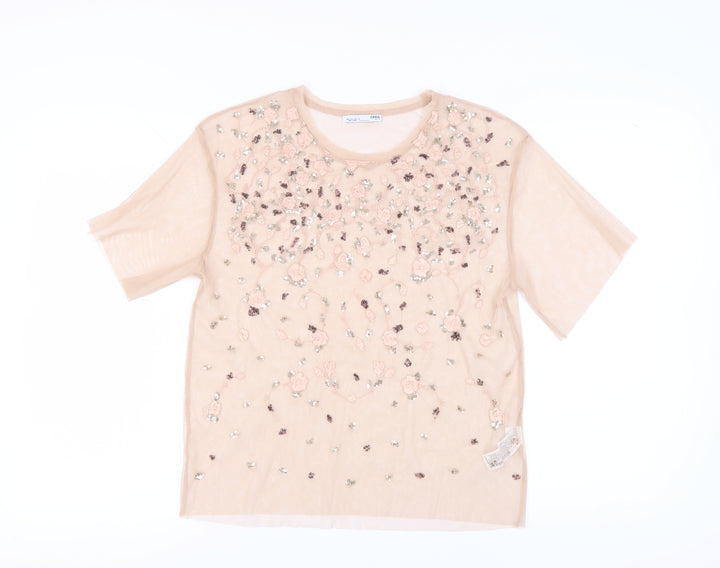 Zara Women's Beige T-Shirt with Floral Embroidery, Size 8