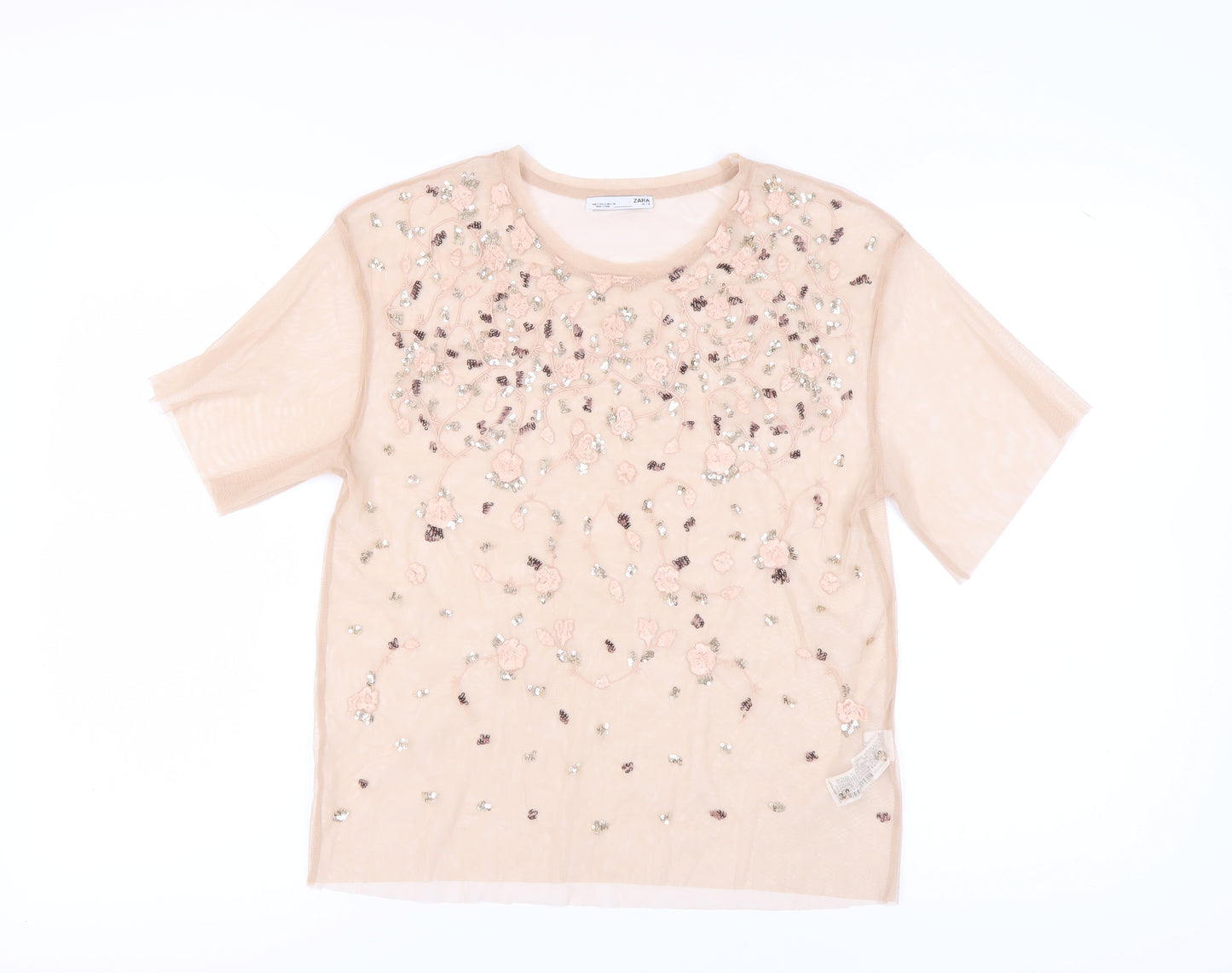 Zara Women's Beige T-Shirt with Floral Embroidery, Size 8