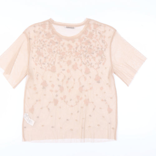 Zara Women's Beige T-Shirt with Floral Embroidery, Size 8