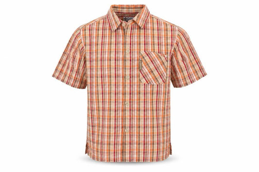 Front view of Columbia boys’ orange plaid button-up shirt 4 years