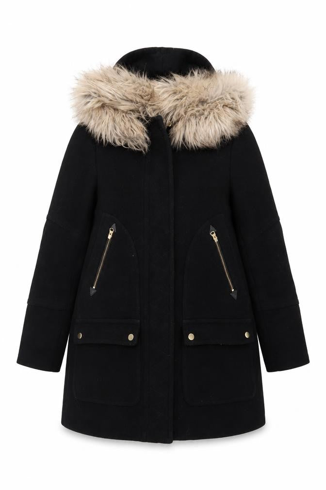 Front view of J.Crew Women’s Black Wool Parka with Fur Trim, size UK 2