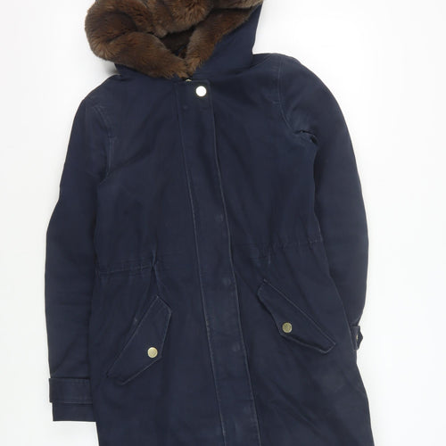 Jones Women's Blue Hooded Fur Trim Coat Size 14