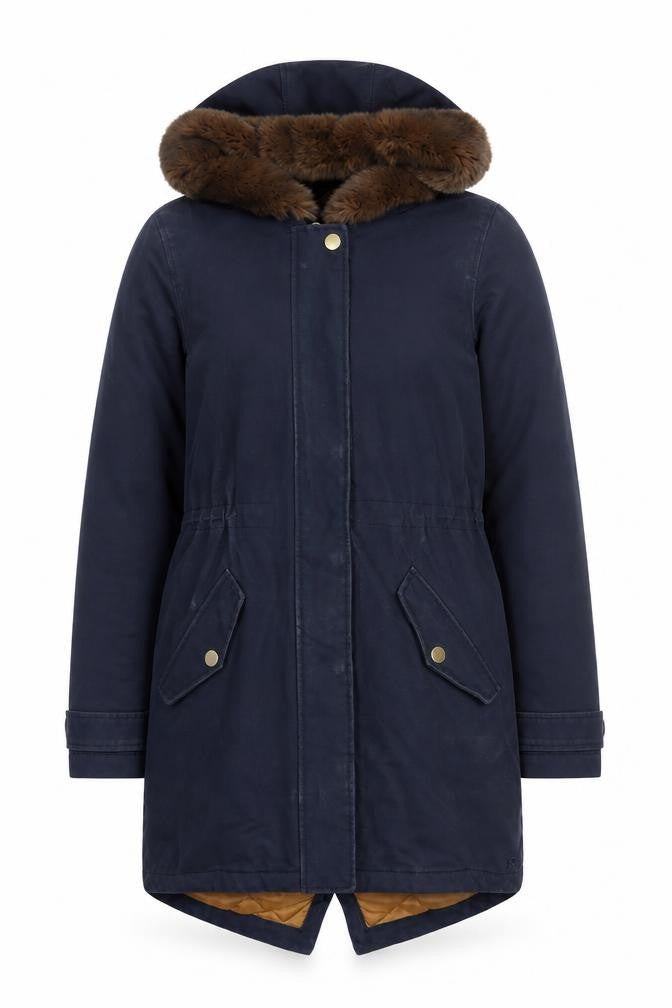 Front view of Jones Women's Blue Hooded Fur Trim Coat, size 14