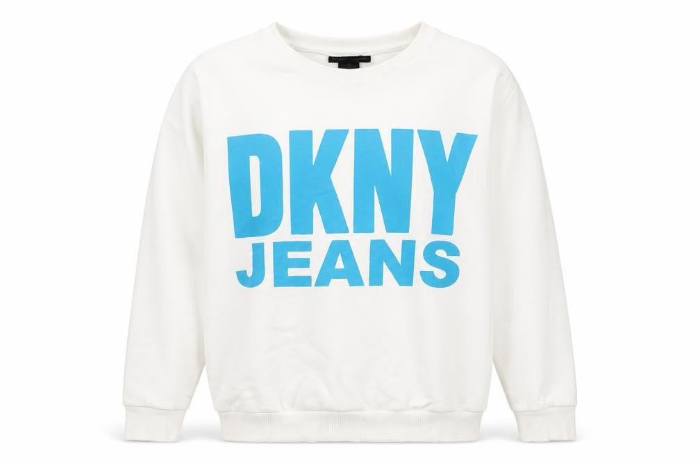 Front view of DKNY JEANS unisex white sweatshirt l graphic print