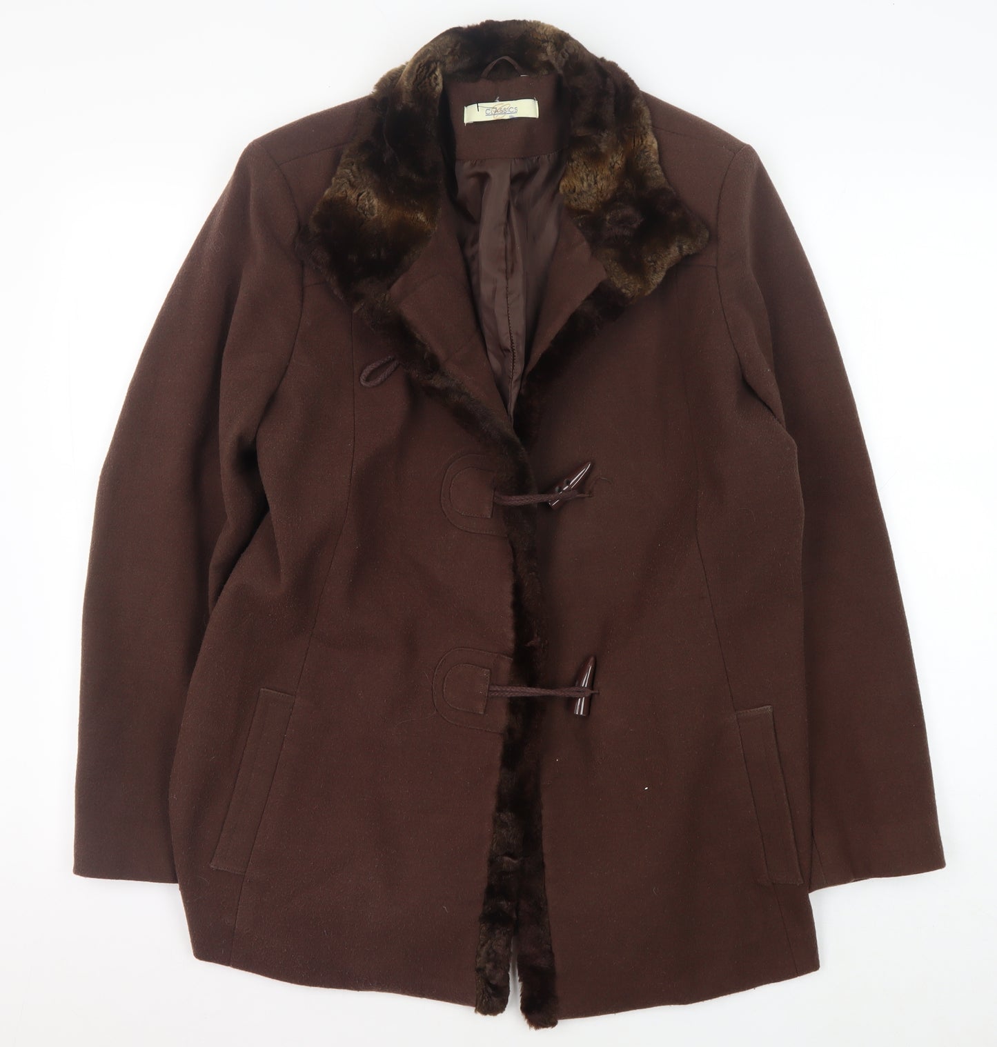 Classics Women's Brown Fur Trim Overcoat Size 14