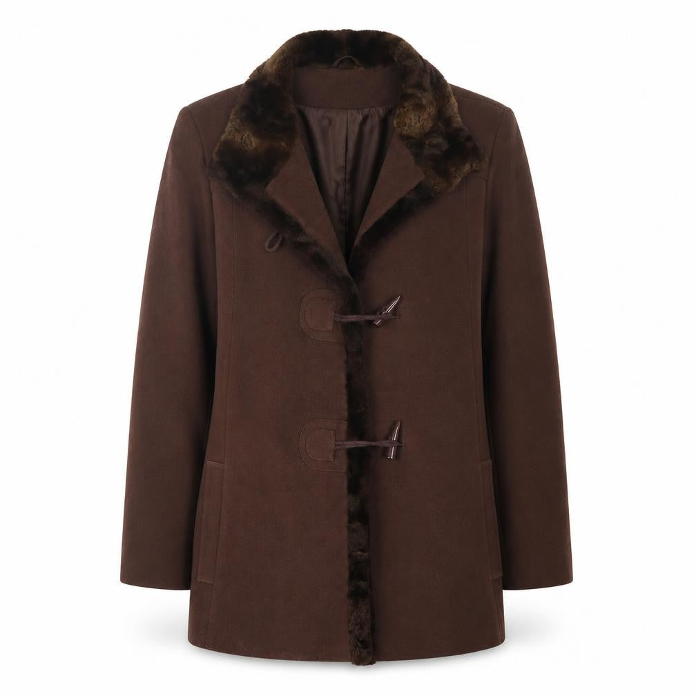 Front view of Classics Women's Brown Fur Trim Overcoat, size 14