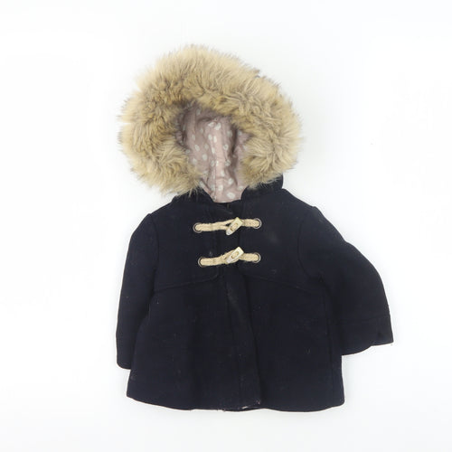 Zara Unisex Baby Black Duffle Coat 6-9M Fur Trimmed