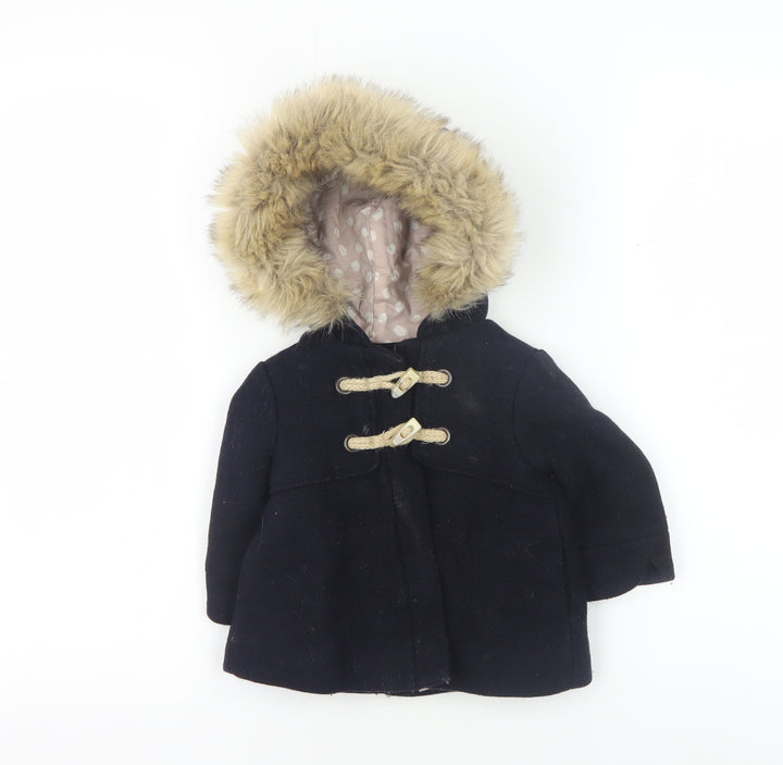 Zara Unisex Baby Black Duffle Coat 6-9M Fur Trimmed