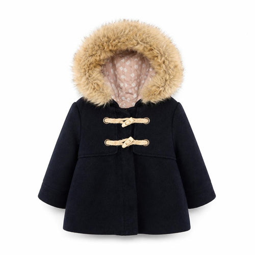 Zara Unisex Baby Black Duffle Coat 6-9M Fur Trimmed